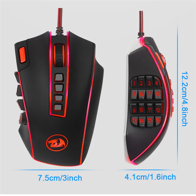 Redragon USB Wired RGB Gaming Mouse 24000 DPI 24 Buttons Laser Programmable Game Mice Backlight Ergonomic for Laptop 40AP1508