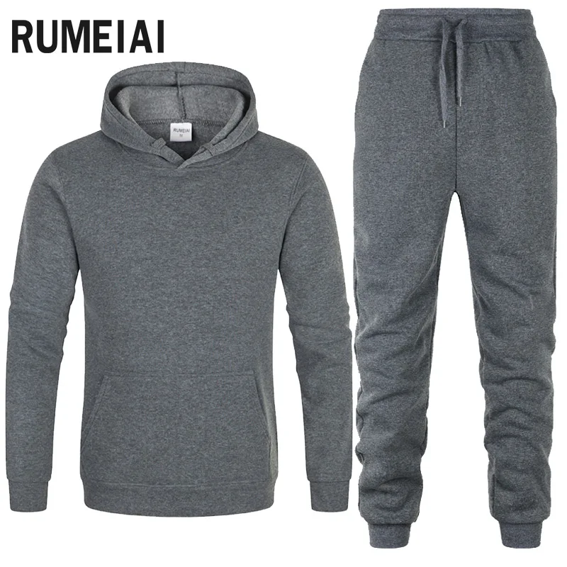 

2019 New Sport Suit Hoodie Solid color Hooded+Pants Men Casual Cotton Fall / Winter Warm Sweatshirts Men's Casual Tracksuit Coat