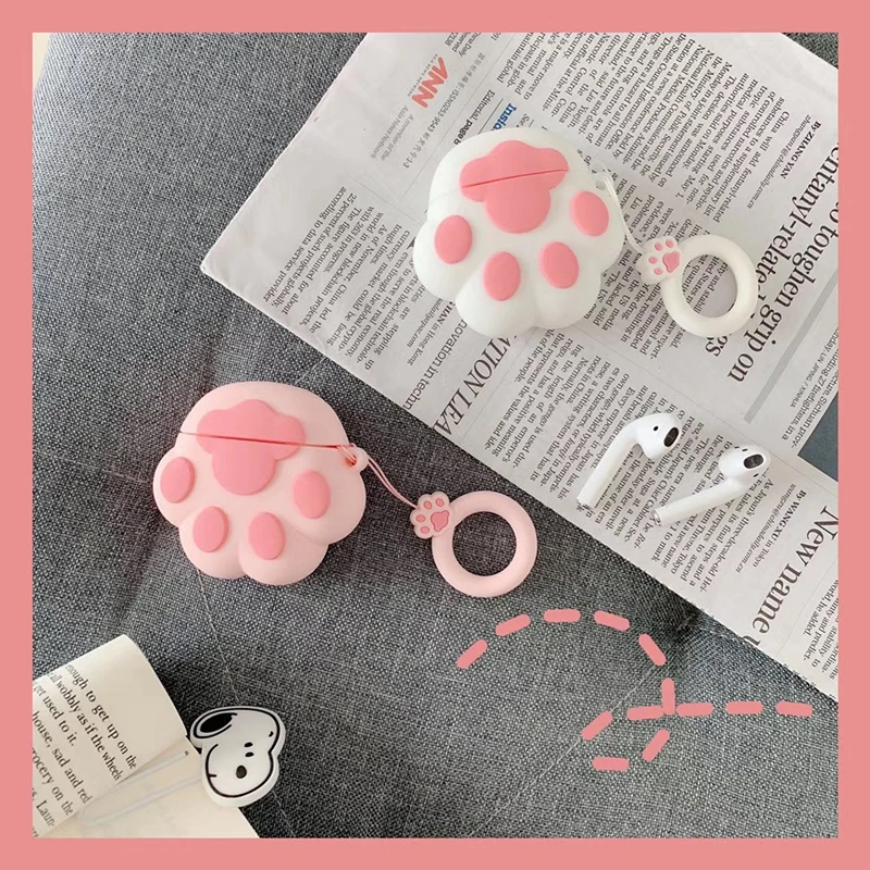 

Cute cartoon 3D cat claw silicone pink ring lanyard Earphone Accessories case For Airpods 1 2 Protective Wireless Bluetooth bag