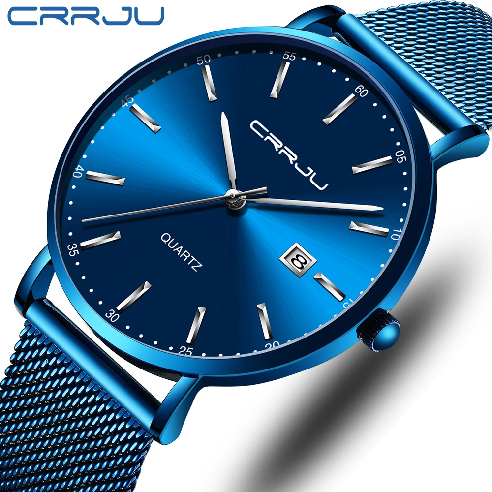 

CRRJU Mens Top Brand Luxury Sport Waterproof Mesh Steel Quartz Watch Men Slim Fashion Blue Clock Male Relogio Masculino