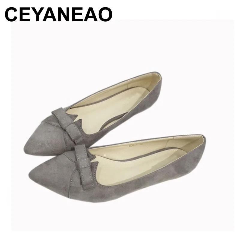 CEYANEAO/женские туфли-лодочки на низком каблуке; сезон весна-осень; женские туфли из флока на шпильке с бантом; женские тонкие туфли размера плюс
