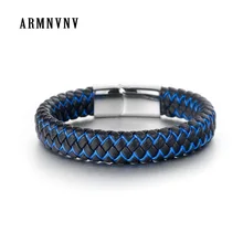 ARMNVNV новые мужские украшения панк черный синий плетеный кожаный браслет для мужчин магнитный браслет со стальными элементами модные браслеты подарки