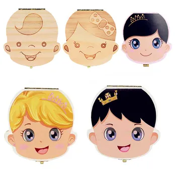 

Tooth Box Storage Spanish/English/Russian/French/ Portuguese/Greece Text Baby Wood Case Save Milk Teeth Collection Holder