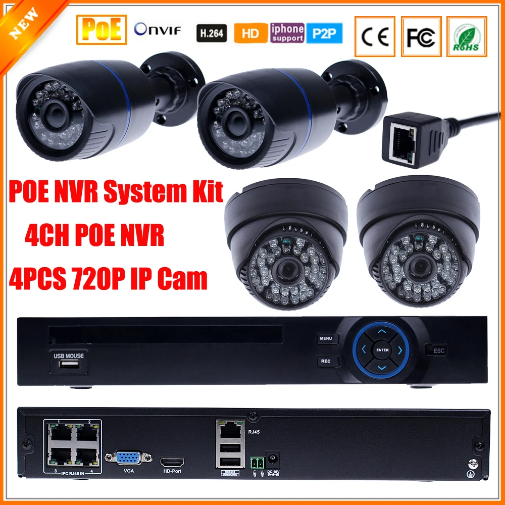 XINFI Motion Detect IP Camera Surveillance System PoE NVR Camera Kit 4CH PoE NVR Recorder System H.264 ONVIF 2.0 With 4 Cameras