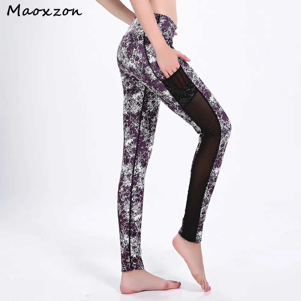 Maoxzon Womens Mottled Print Fitness Slim Leggings Pants Mesh Pocket