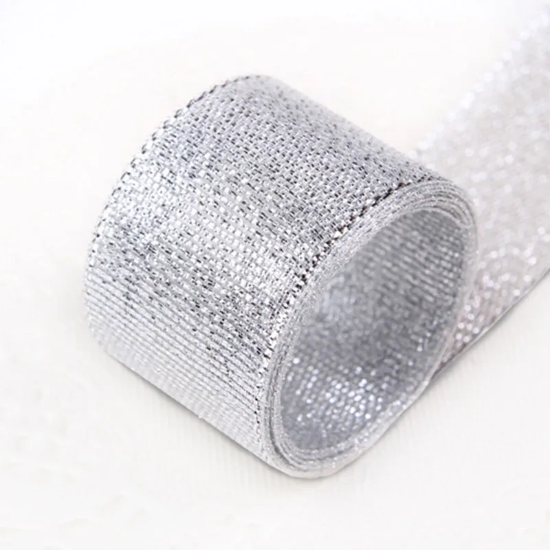 Gold/Silver Silk Organza Ribbon 25mm Glitter Embroidered Brocade Ribbons for Wedding Cake Gift Decoration Craft Supplies - Цвет: silver