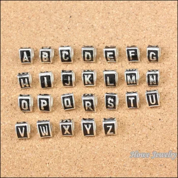 

Mix 52PCS triangle black enamel English Alphabet letter charm Tibetan silver big hole beads fit necklace BIAGI Bangle