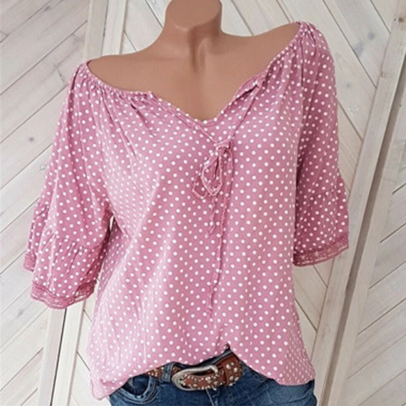 

Women Polka Dot Blouse Casual Short Sleeve V-neck Shirt Summer Plus Size Blouses Tops