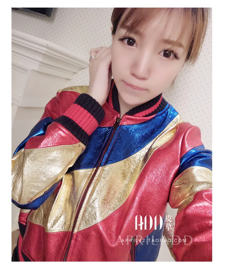 Cuir Femmes Couleur Automne Bright Court Facsheep Peau 2017 Baseball De Robe Cuir En Nouveau wU1ISqT