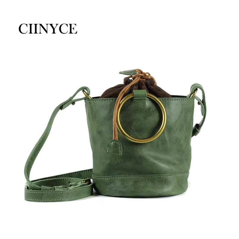 

Manual Shoulder Bag String Pull Cow Leather Vegetable Tanning Small Bucket Tote Retro Skin Ring Messenger Female Handbag Mini