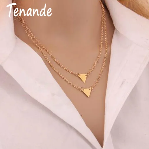 Tenande Simple Style Punk Double Layer Charm Chain Jewelry Gold Color Small Sequins Triangle Necklaces &amp Pendants for Women Gift |