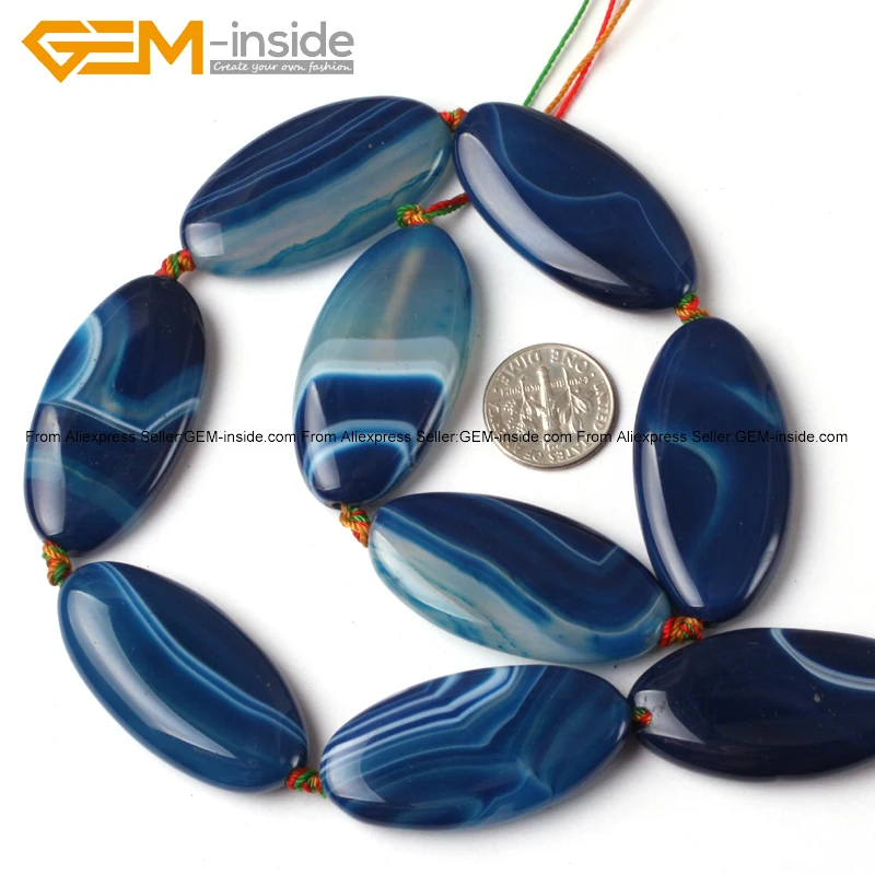 Gem-inside натуральная гладкая Плоская овальная форма Полосатый Синий бусы из камня Агата для изготовления ювелирных изделий 20X40 мм 9 шт. DIY ювелирных изделий