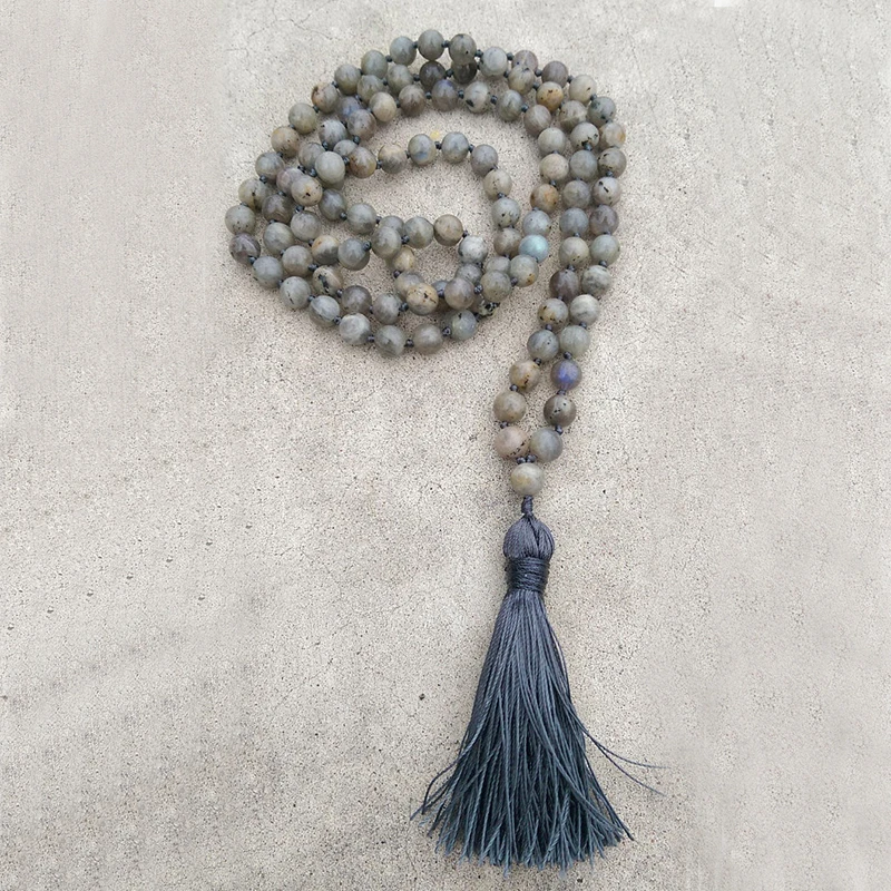 8 мм ожерелье с серыми кисточками из Лабрадорита, традиционное ожерелье с 108 бусинами, Медитация Мала, исцеление йогой, ювелирные изделия для мужчин