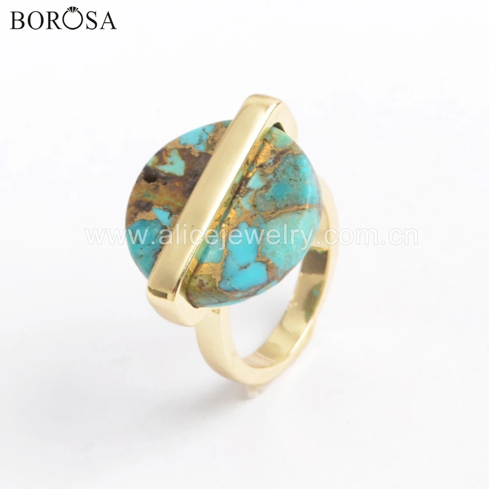 

BOROSA New Arrival Gold Plating 19mm Round Natural Copper Turquoises Ring Gold Line Turquoises Design Rings Gems Jewelry ZG0380