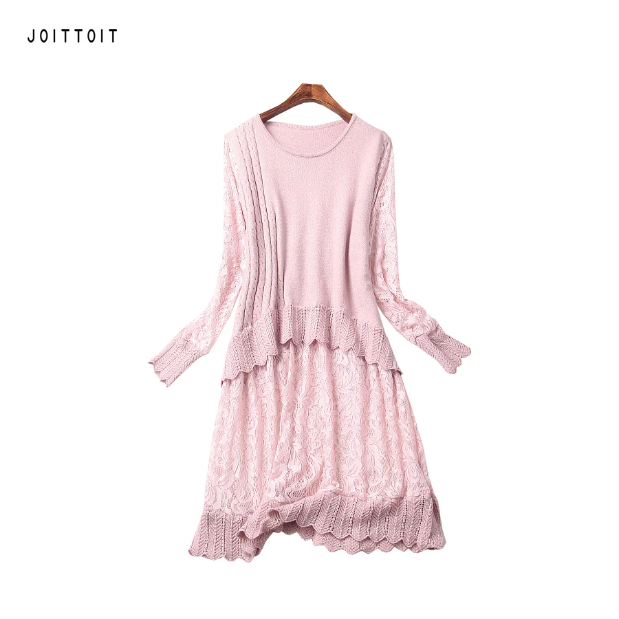 

Women Party A Line Dress Women Office Ladies Hollow Out Lace Patchwork Knitted Pink Black Dress Wrist Sleeve Loose Slim Dress