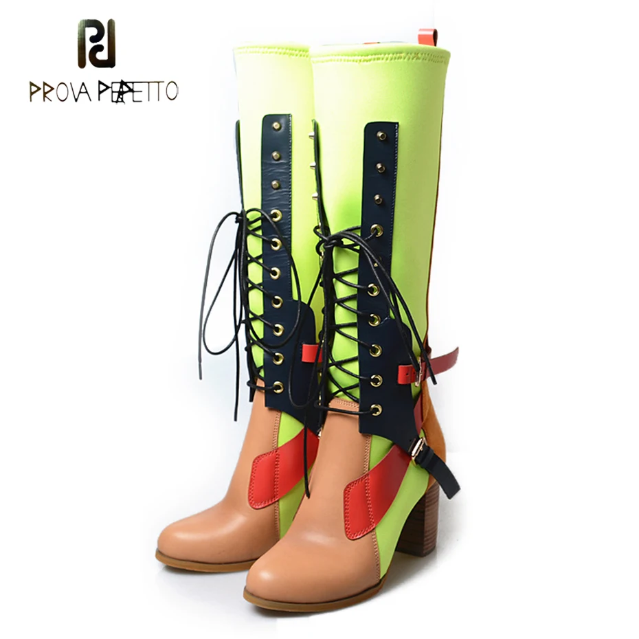 Prova Perfetto mixed color real leather knee high boots women lycra patchwork gladiator shoes front cross tied chunky high heels Prova Perfetto mixed color real leather knee high boots women lycra patchwork gladiator shoes front cross tied chunky high heels