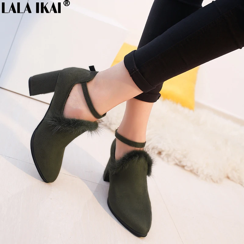 

LALA IKAI Spring Autumn Women Pumps High Heels Pointed Toe Solid Color Buckle Strap Faux Fur Fashion Shoes Female XWC3089-5