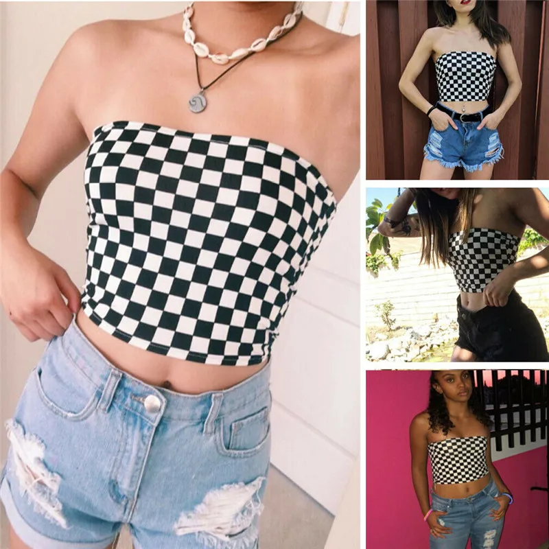 

Women Off Shoulder Boob Elastic Tube Tops Strapless Bandeau Plaid Crop Top