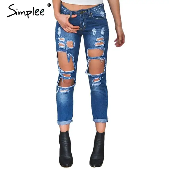 Simplee Apparel Boyfriend hole ripped jeans women pants