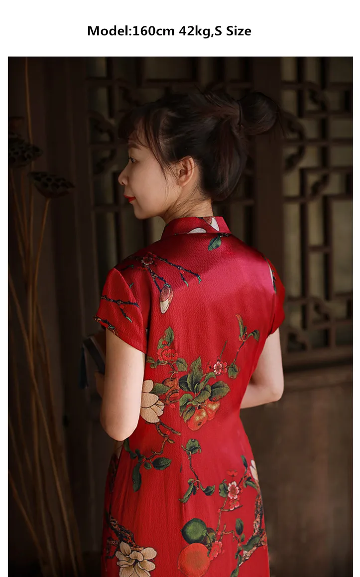 LZJN High Quality Summer 100% Real Silk Print Dress Split Qipao Chinese Style Long Cheongsam Slim Classic Women's Dress Custom (8)