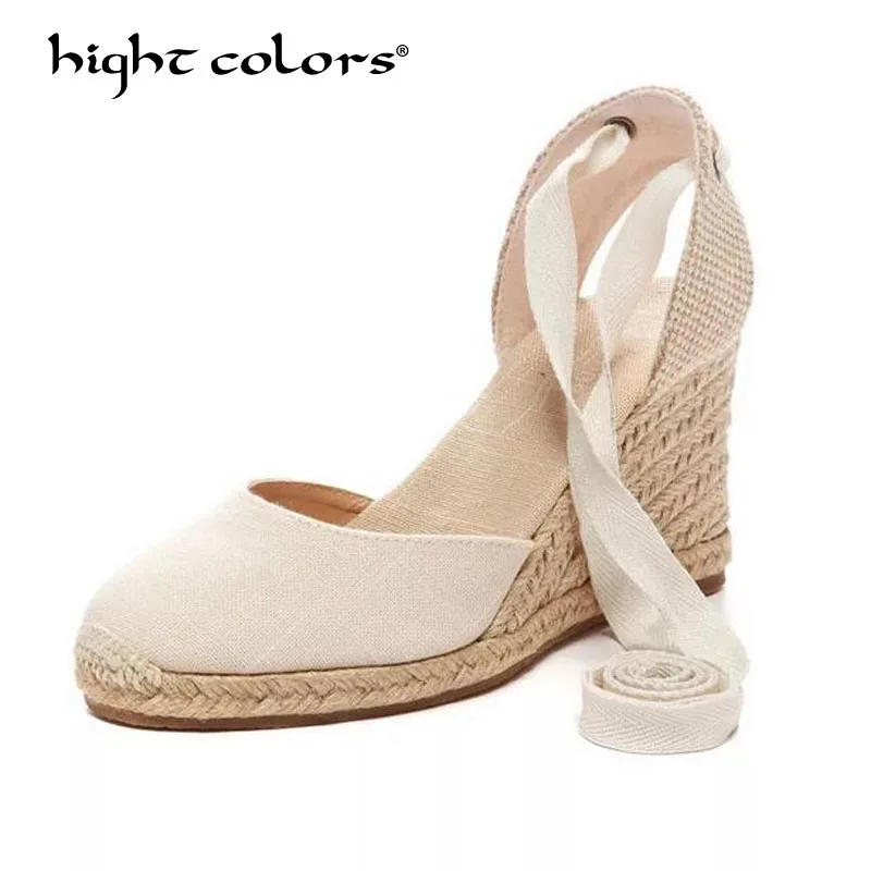 

Brand Women Ankle Strap Espadrilles Wedge Sandals 2018 Summer Canvas Platform Wedges Fashion Lace up Women Platform Sandals T-56