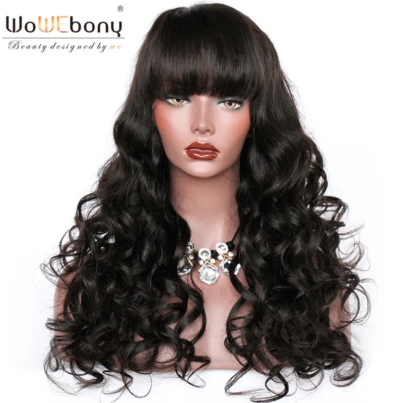 WoWEbony 100 Human Hair Wavy Indian Remy Hair Glueless Full Lace Wigs With Bangsin Full Lace