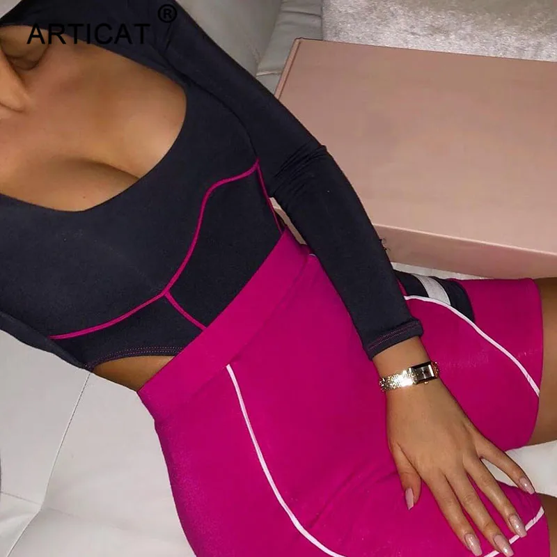Articat اللياقة البدنية مثير ارتداءها النساء السروال القصير س الرقبة طويلة الأكمام Bodycon الصيف بذلة Wpmen وتتسابق الأساسية Playsuit إمرأة قمم