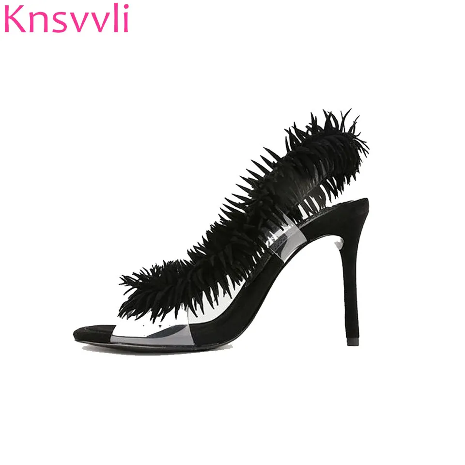 

Knsvvli High Heel Sandals Women Stiletto Summer Newset Openwork Peep Toe Fashion Sandal Fringe Sexy Women's Shoes