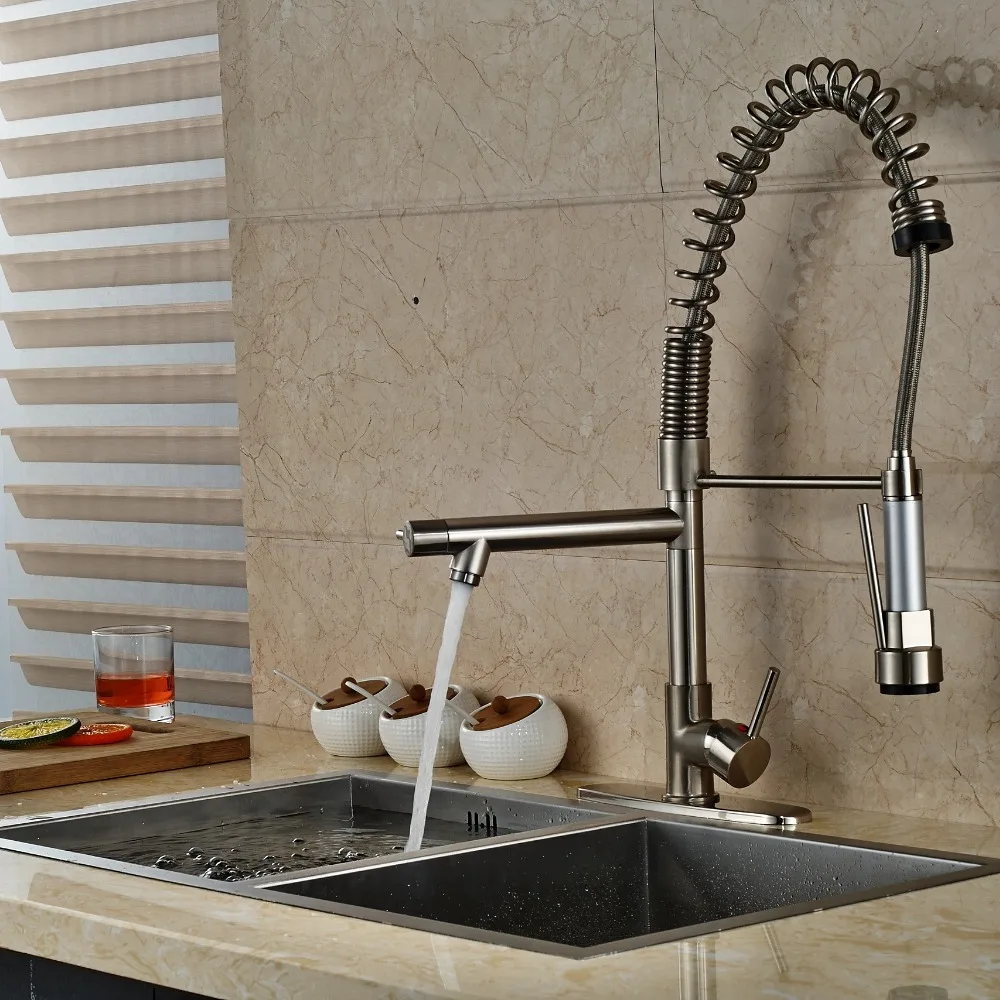 

Nickel Brushed Kitchen Faucet Dual Spouts Spring Vessel Mixer Tap with 8" Plate