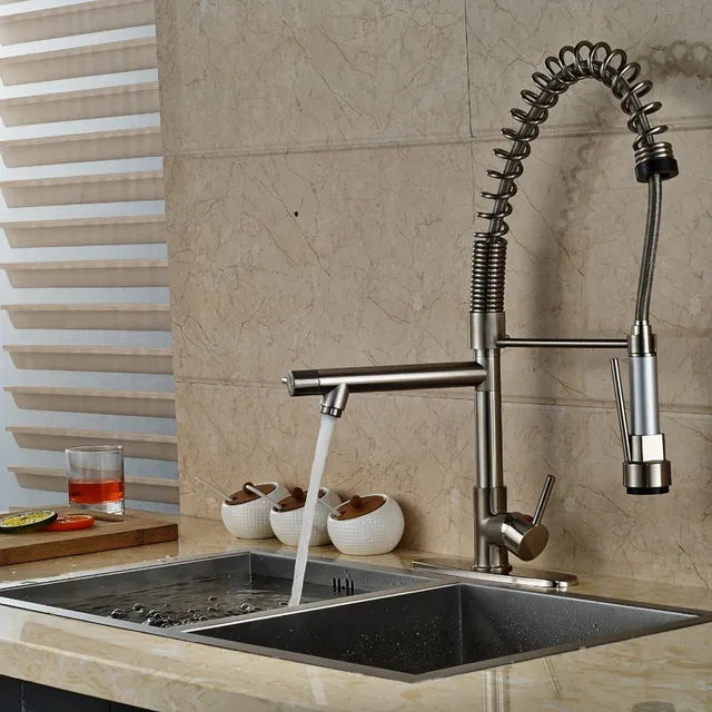 Special Offers Nickel Brushed Kitchen Faucet Dual Spouts Spring Vessel Mixer Tap with 8" Plate