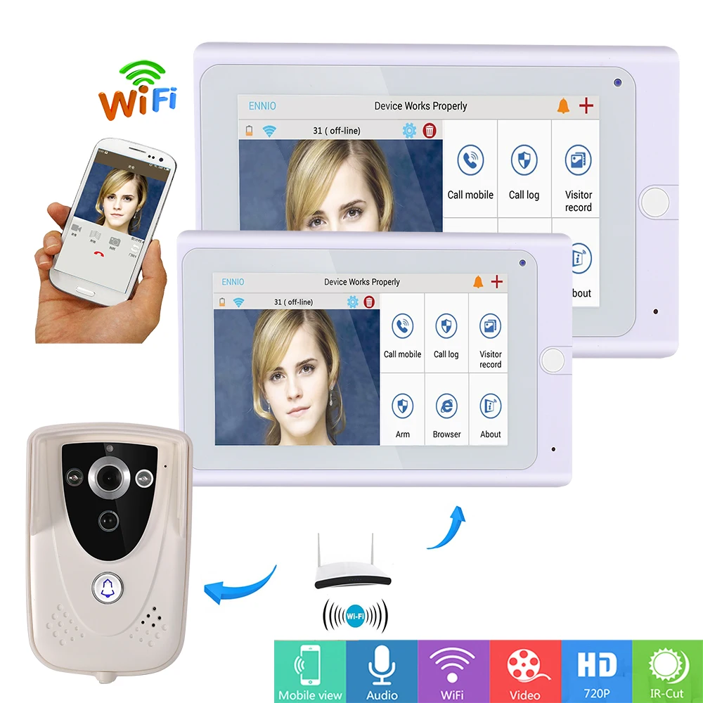 

MOUNTAINONE 720P 7" inch TFT WiFi Wireless IP Video DoorPhone intercom Doorbell IP Camera PIR IR Night Vision with 2 Monitor