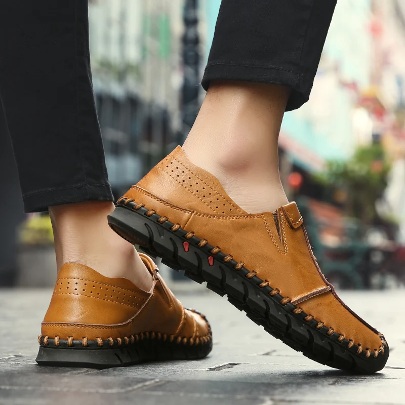 Sapatos Brown Respirável Couro Moda Homem Casuais Mocassins Handmade Homens Slip Black Flats Hombre dark on Marca Hard De Macio Brown Shoes Zapatos wearing yellow 8x4q8Y1