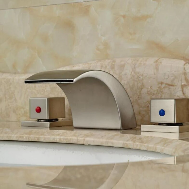 

Luxury Dual Handles Brushed Nickel Bathroom Sink Faucet Waterfall Deck Mounted Basin Sink Faucet Widespread Mixer Tap