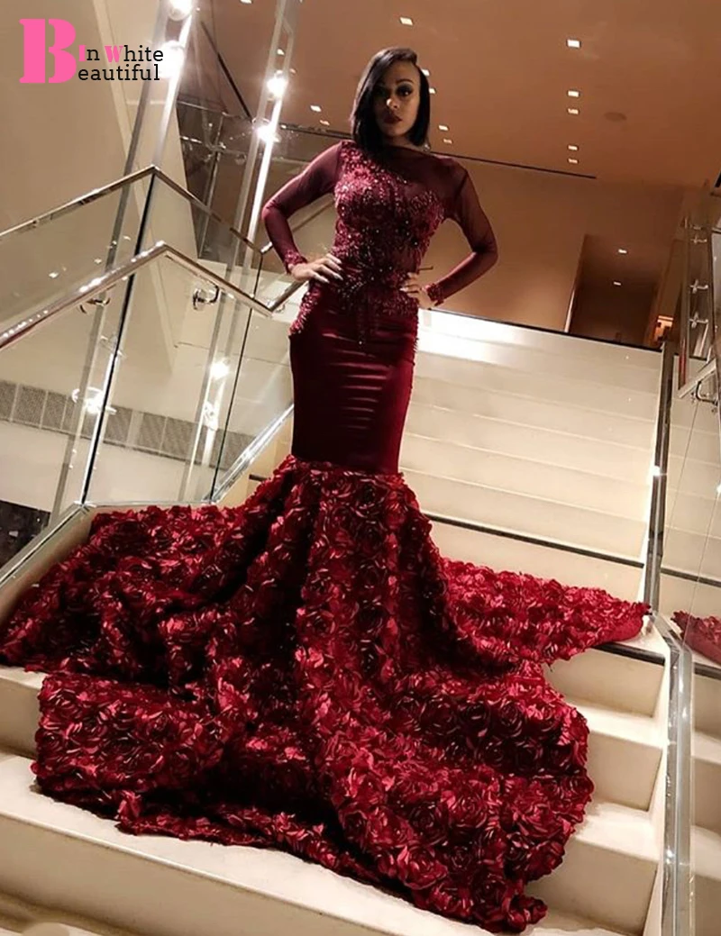 Beautifulinwhite бордовый Русалка Пром платья Длинные кружевное с аппликацией из бусин с открытой спиной 3D цветы Вечерние Выпускные платья BP039