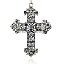 Старинное Серебро Покрытием Сплава Rhinestone Крест Подвески, расцветший Крест, кристалл, 85x57x6 мм, отверстие: 4 мм