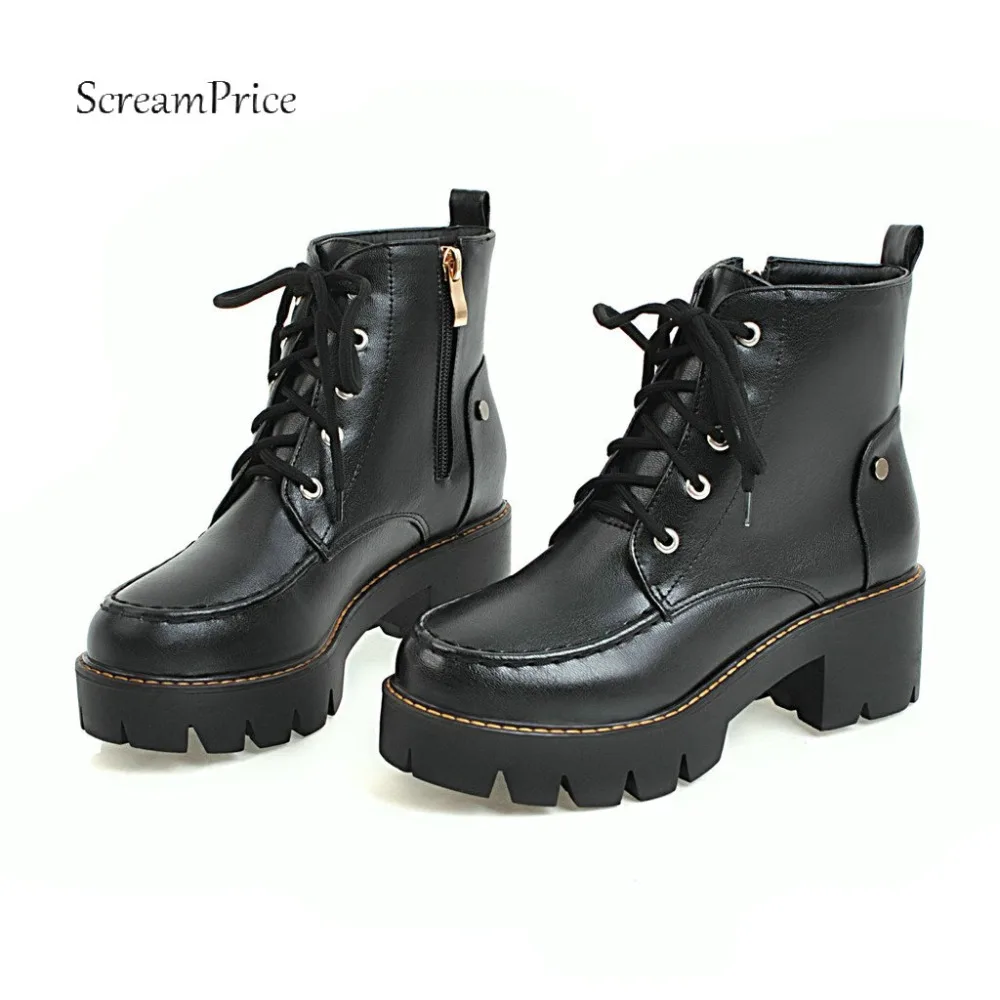 

Women Platform Boots Pu Leather Thick Heel Ankle Boots Zipper Lace Up Round Toe Spring Autumn Fashion Ladies Shoes Plus Size