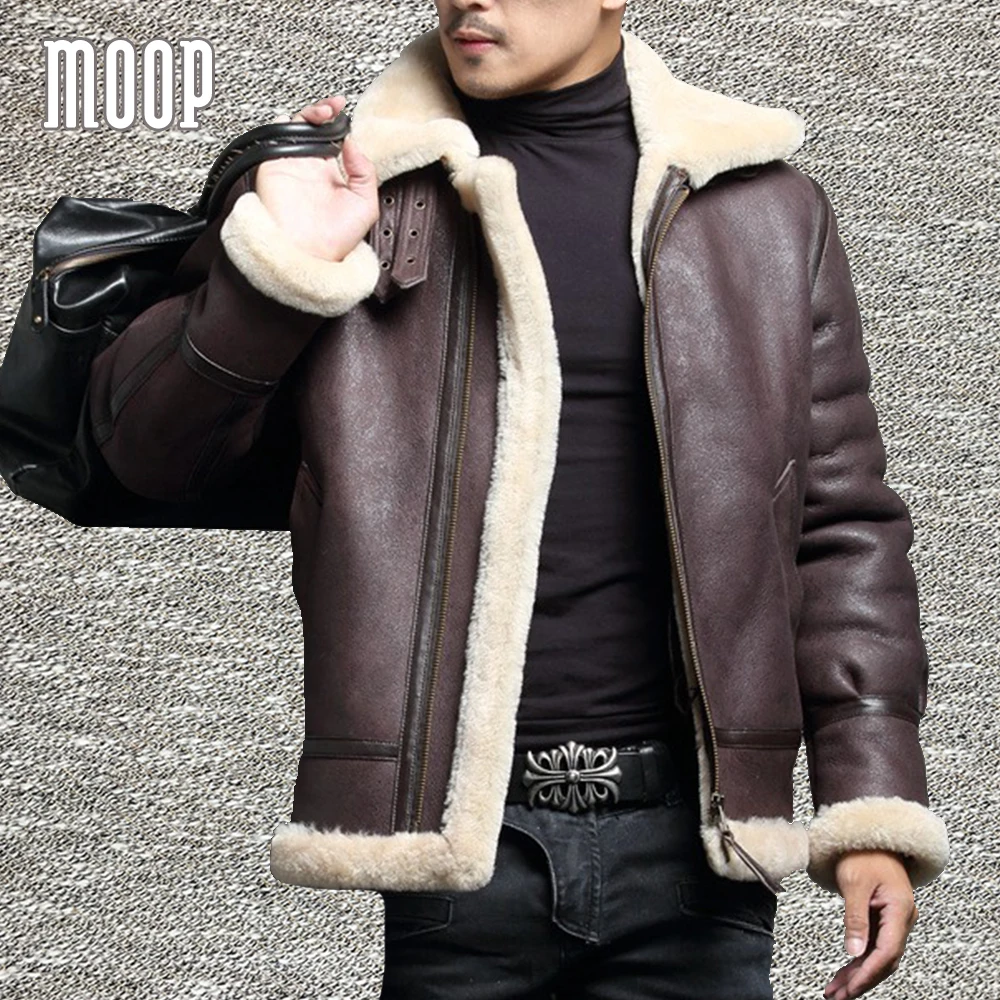 Winter men genuine leather coats sheepskin shearling fur pilot