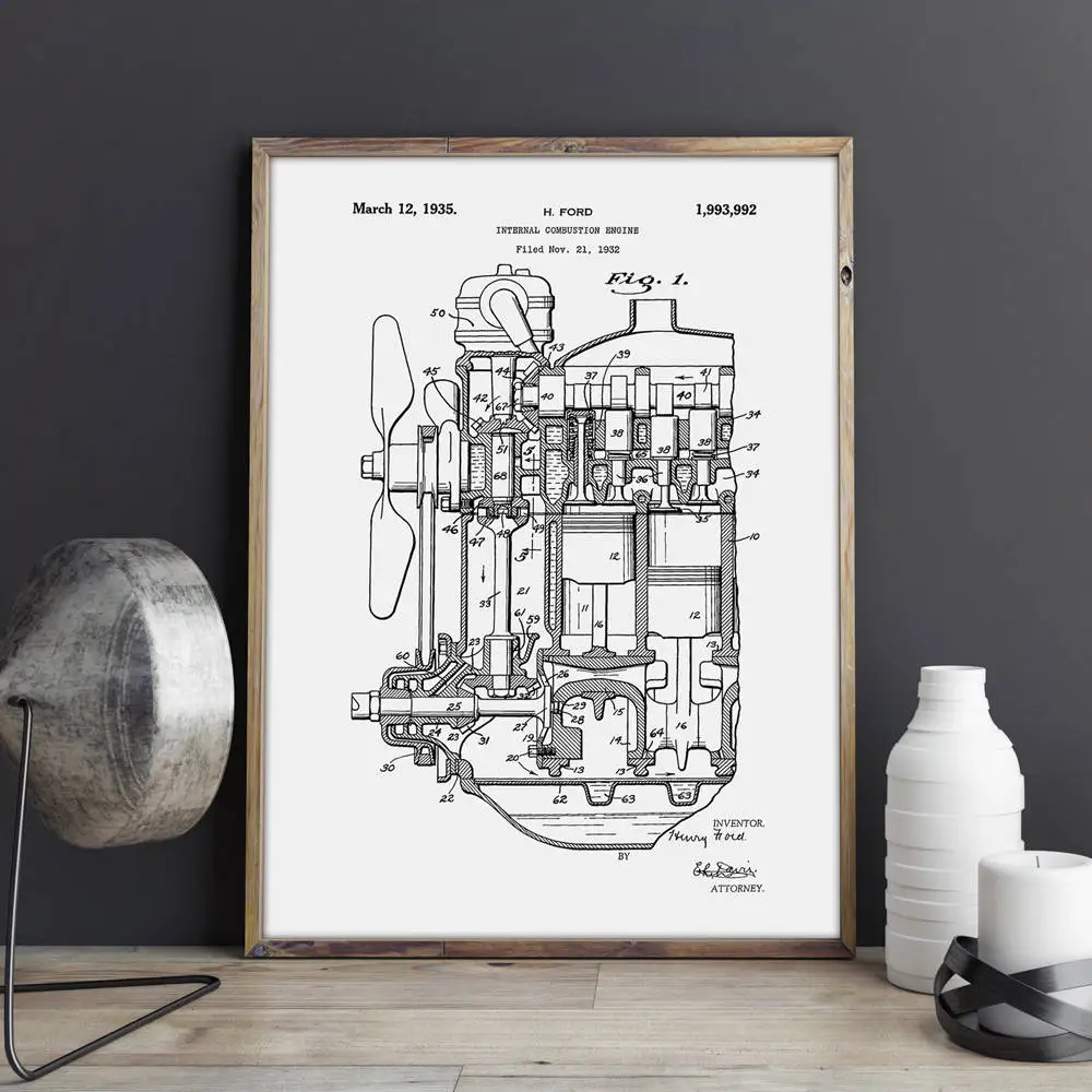 Патент двигателя внутреннего сгорания, произведение искусства поезда, искусство стены, плакаты, декор комнаты, печать, схема, идея подарка, украшения стены