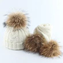 Модные детские меховые шапки, шарф, детская зимняя шапка с помпоном, двойная шапка с меховым помпоном для мальчиков и девочек, теплая вязаная шапка с помпоном, шапка для новорожденного