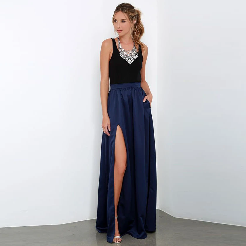 Elegant Navy Blue Long Skirts High Waist Side Slit Satin Floor Length Formal Skirts for Women Autumn Maxi Skirts image 2