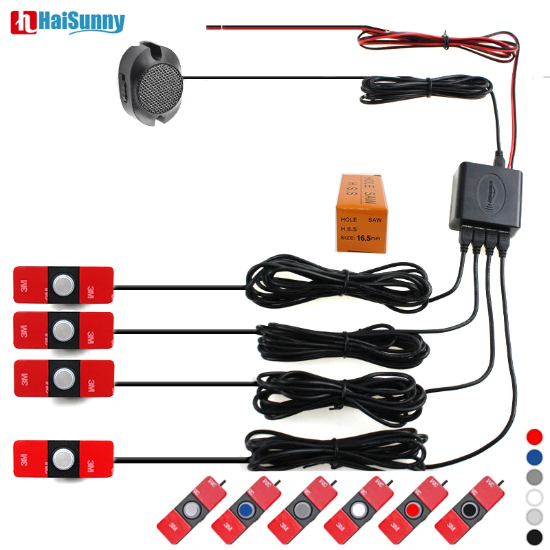 

HaiSunny Parktronics Car Parking Sensors 6 colors13mm Flat Sensors Reverse Backup Radar Sound Buzzer Alarm Adjustable Sound