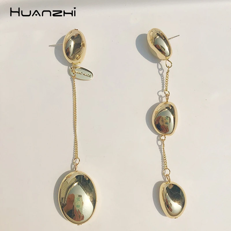 HUANZHI 2019 New Design Silver Korean Elegant Asymmetry Gold Metal Ball Long Drop Type Earrings for Women Party Gifts | Украшения и