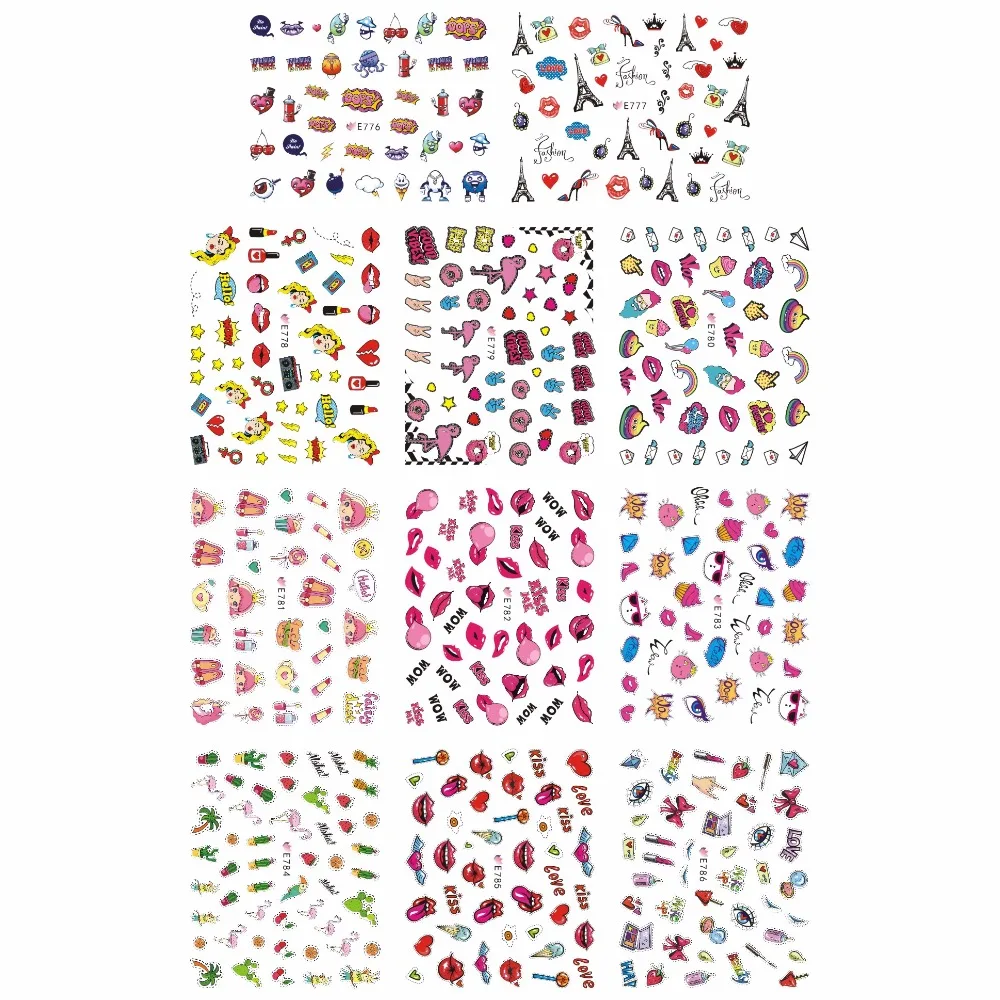

11 PACKS / LOT NAIL ART 3D SIMULATION BACK ADHESIVE NAIL STICKER RAINBOW PARIS TOWER CAKES KISS LIPS E776-786