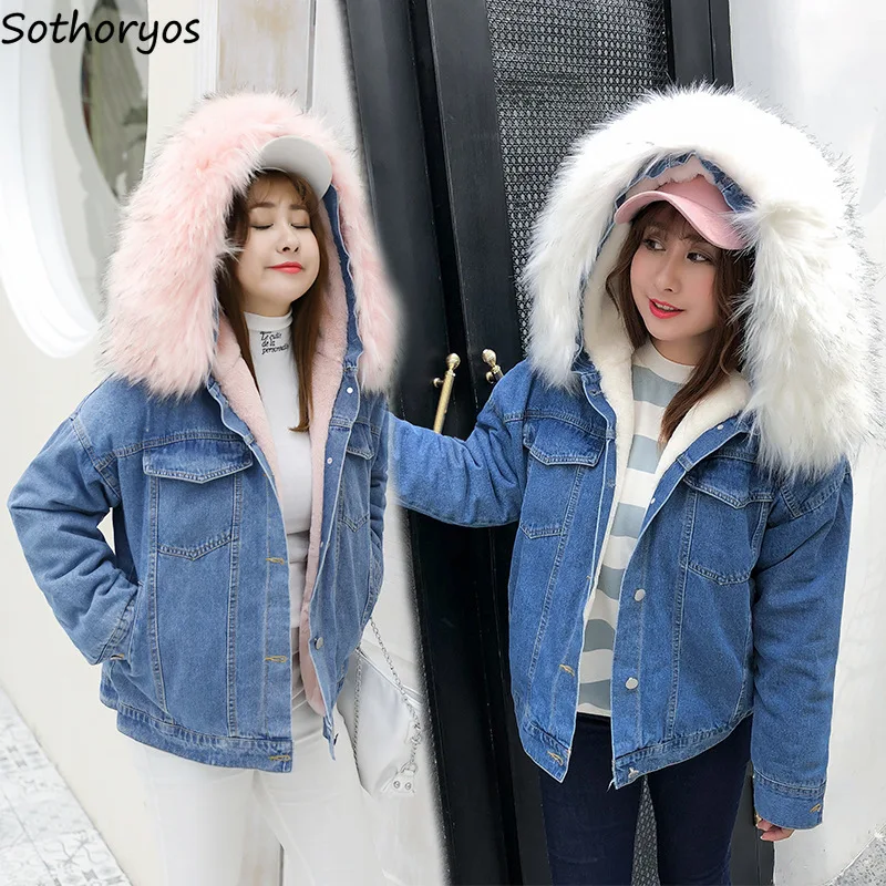 

Parkas for Women 2019 Fur Collar Plus Size Pockets Single Breasted Denim Large Outerwear Womens Korean Style Hooded Chic Parka