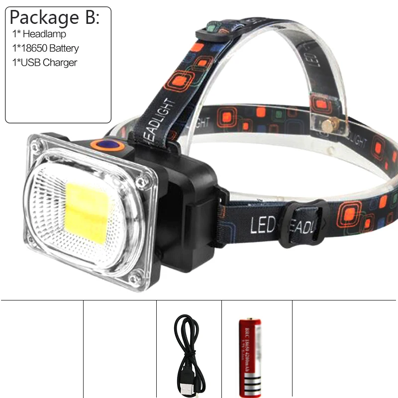 Ультра яркий 6200LM COB светодиодный налобный фонарь с зарядкой от USB для кемпинга, рыбалки, работы, портативный прожекторный фонарь, фонарик - Испускаемый цвет: B