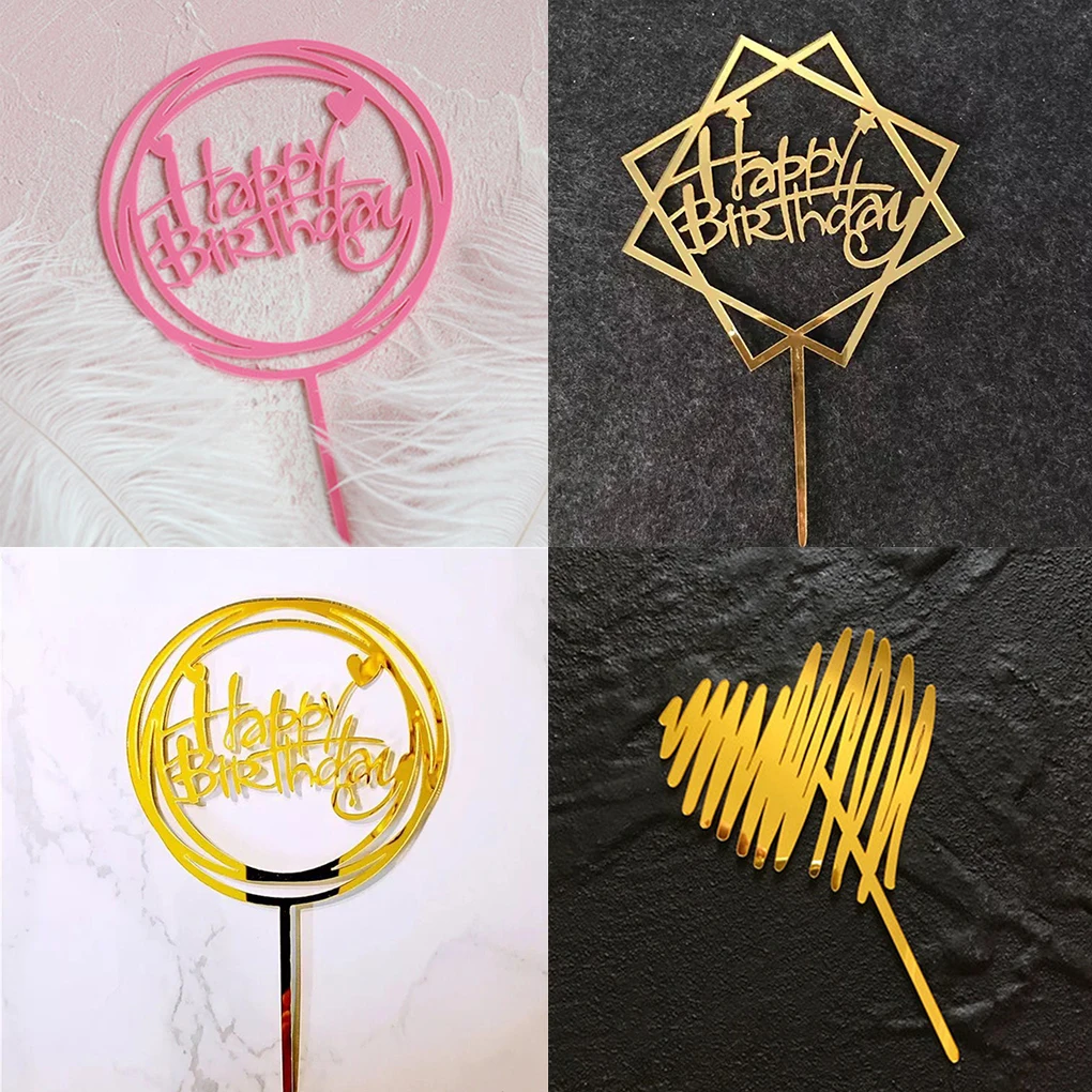 Happy Birthday Acrylic Cake Toppers Sticks Picks Cake Decoration Christmas New Year Party Supplies Dessert Decor