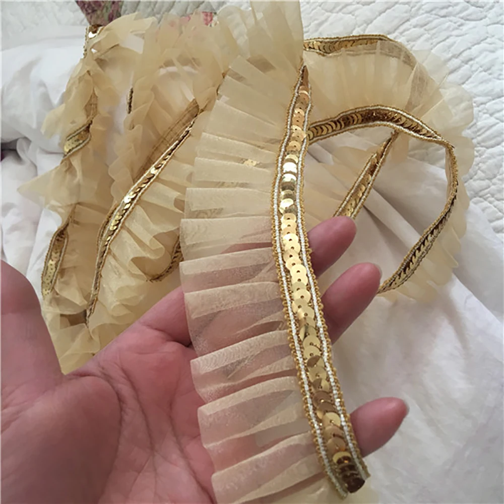 Lychee Life Блестящий Золотой кружевной отделкой гофрированные кружевные планки для украшения платья DIY швейный материал Свадебная отделка