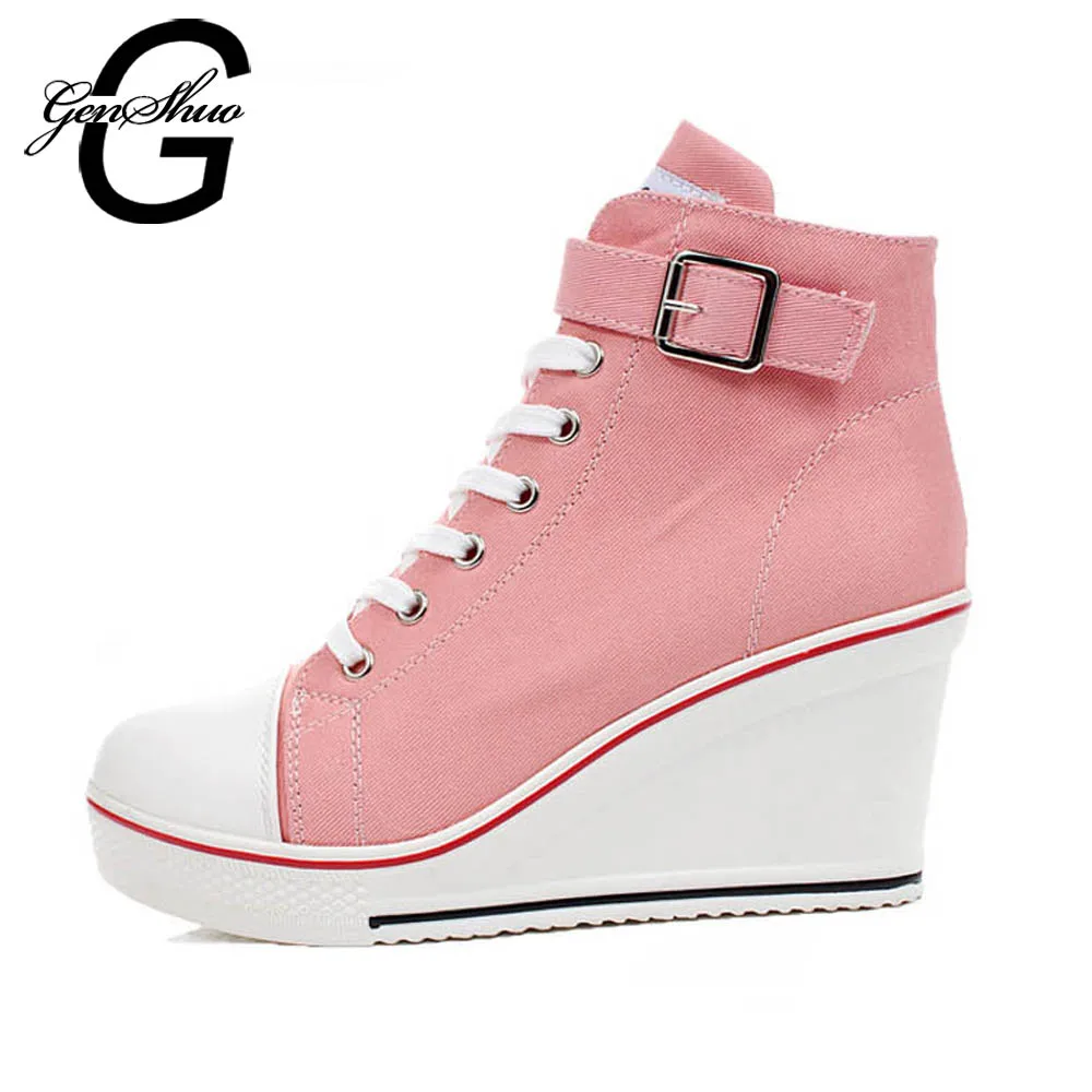 

GENSHUO Women Wedges Shoes Sneakers High Top Pumps Women Casual Shoes Female Platform Women Canvas Shoes White Big Size 42 43