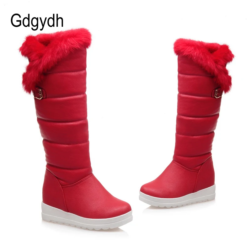 Женские сапоги до колена Gdgydh красные теплая обувь на танкетке с пряжкой плюшевые