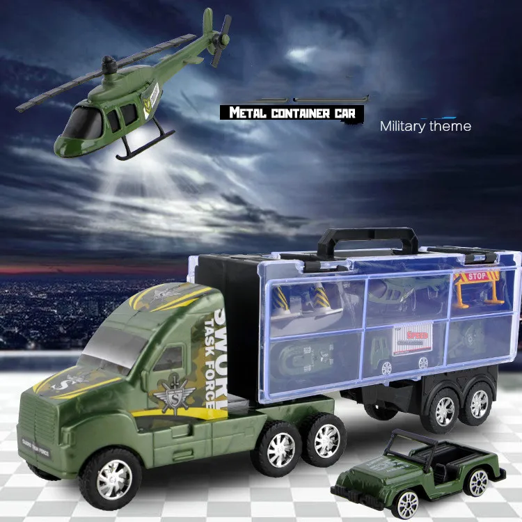 

37cm Trolley Container Truck Alloy Military Vehicle Tank Armored Excavator Fire Ladder Helicopter Sprinkler Transport Model Set